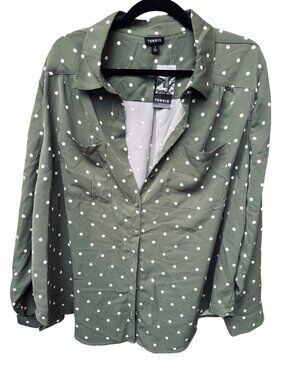 NWT Torrid Olive Green Polka Dot Button Front Shirt With Long Sleeves Size 2
